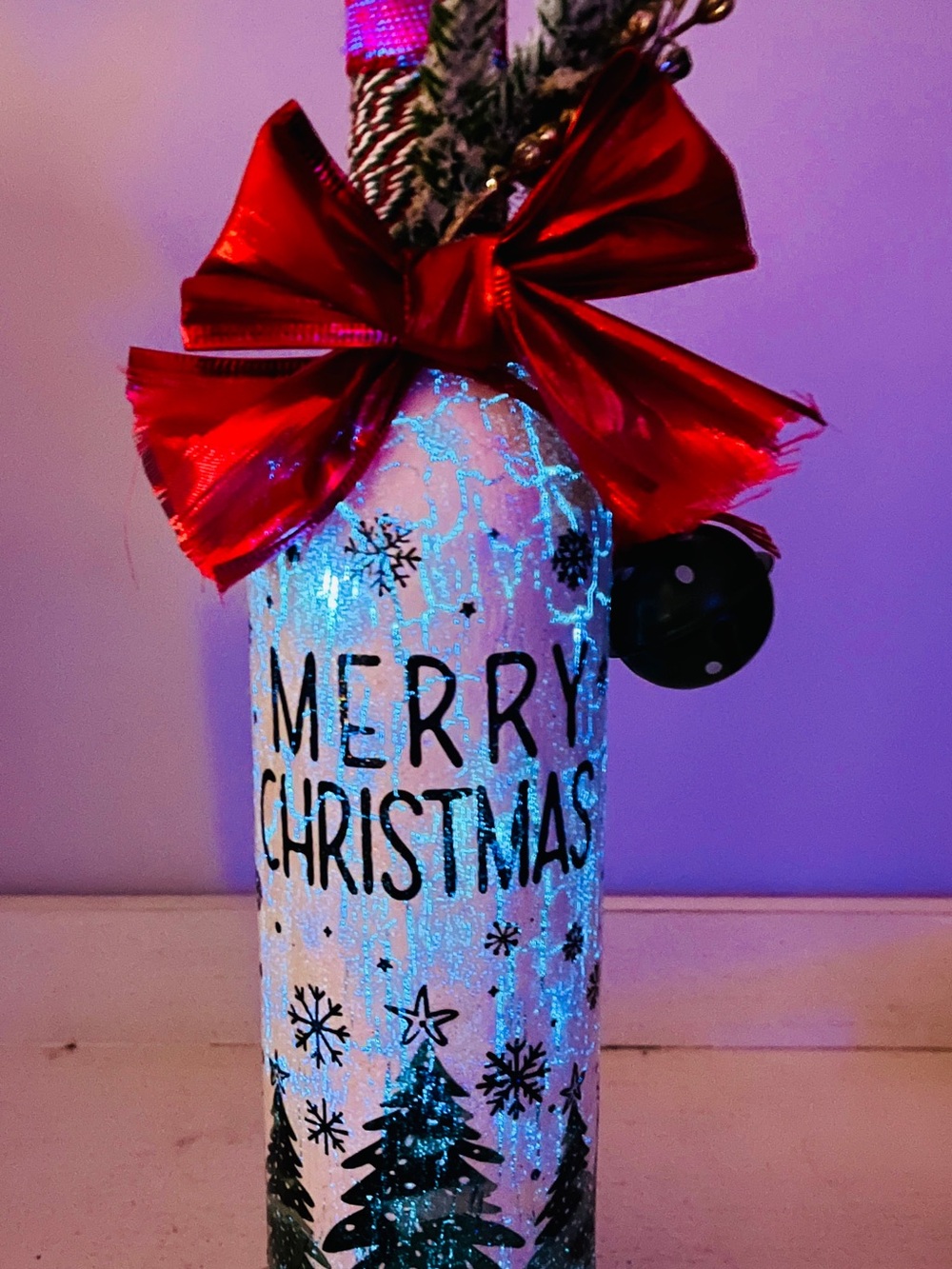 Holiday Lighted Merry Christmas Decorative Bottle with Red Bow